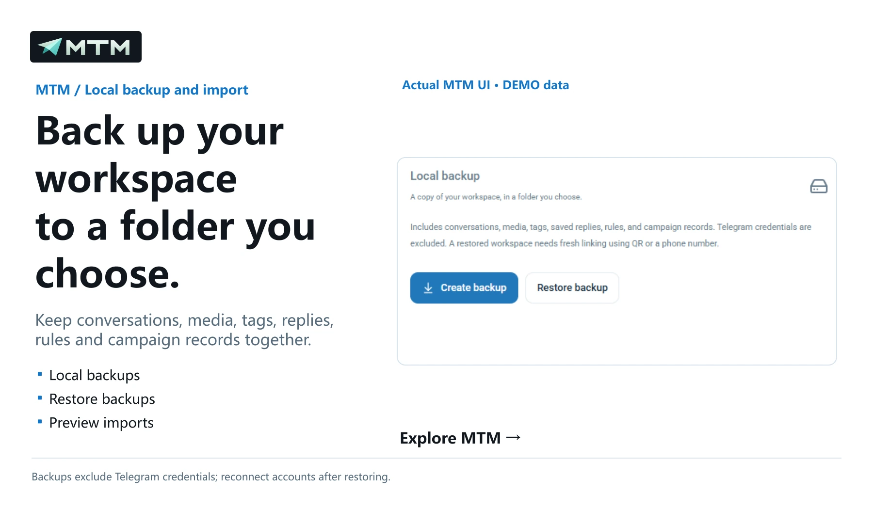 Back up your workspace to a folder you choose.