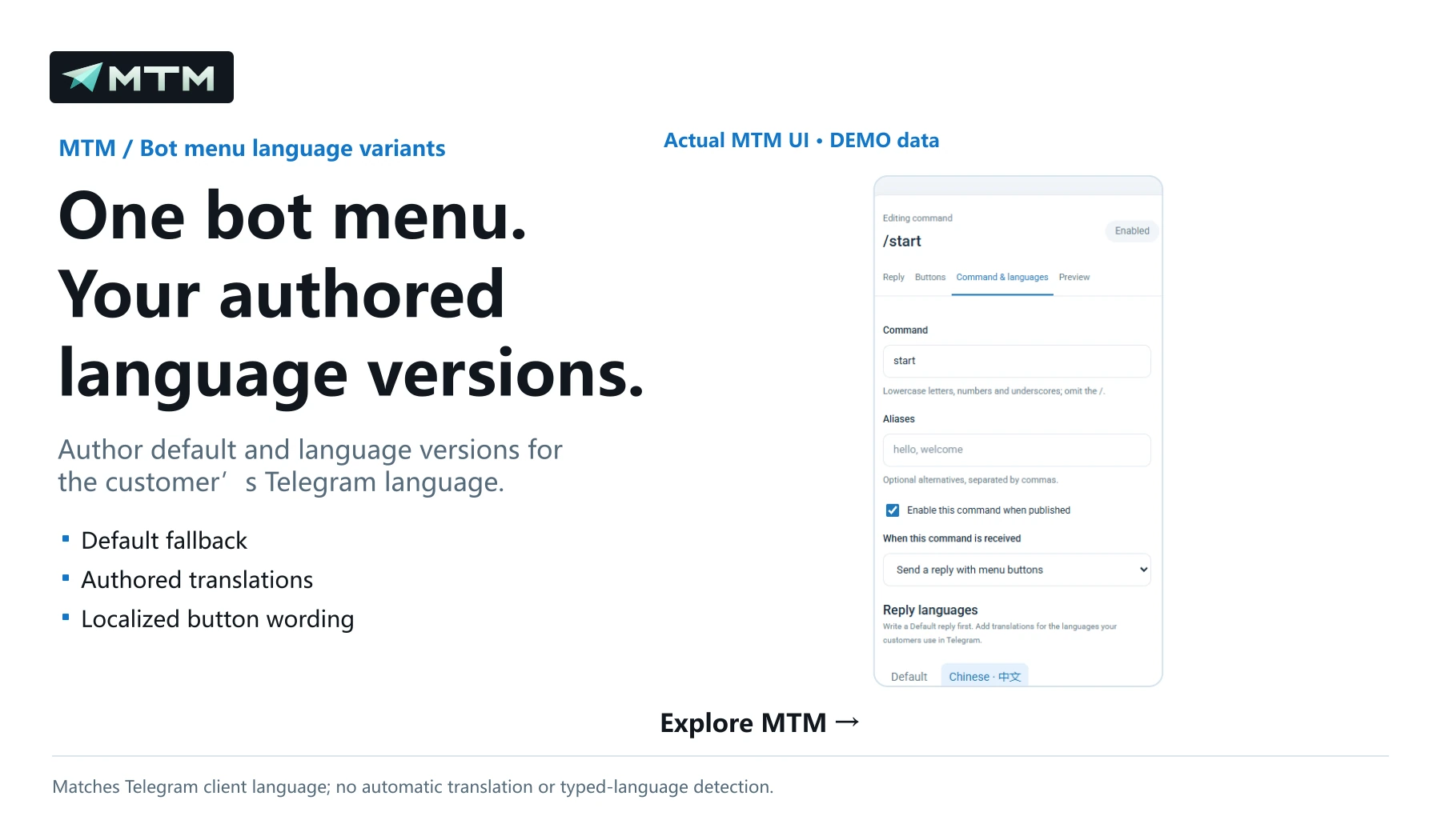 One bot menu. Your authored language versions.